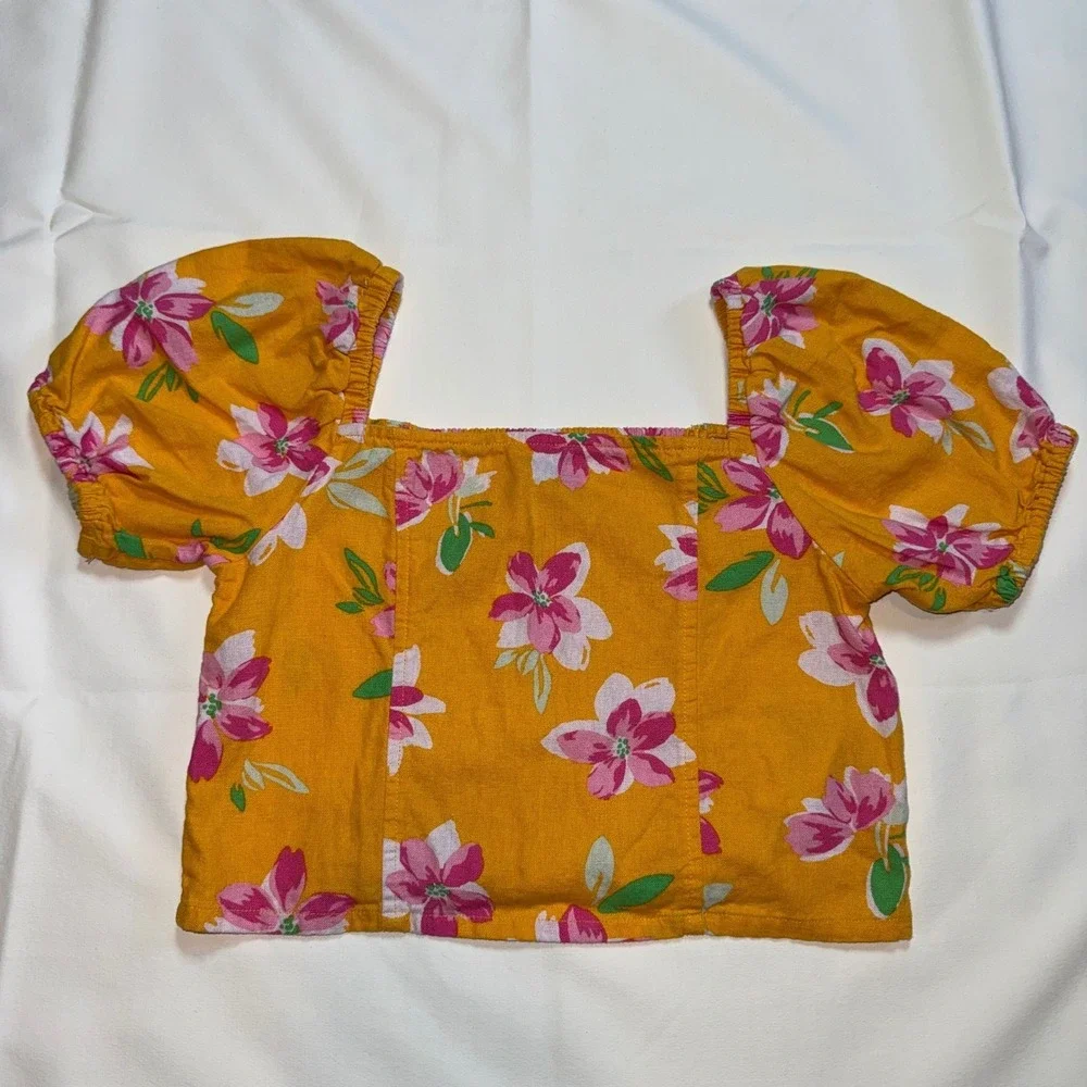 Old Navy Girls Yellow Floral Linen Blend Puff Sleeve Crop Top Size‎ L 10-12